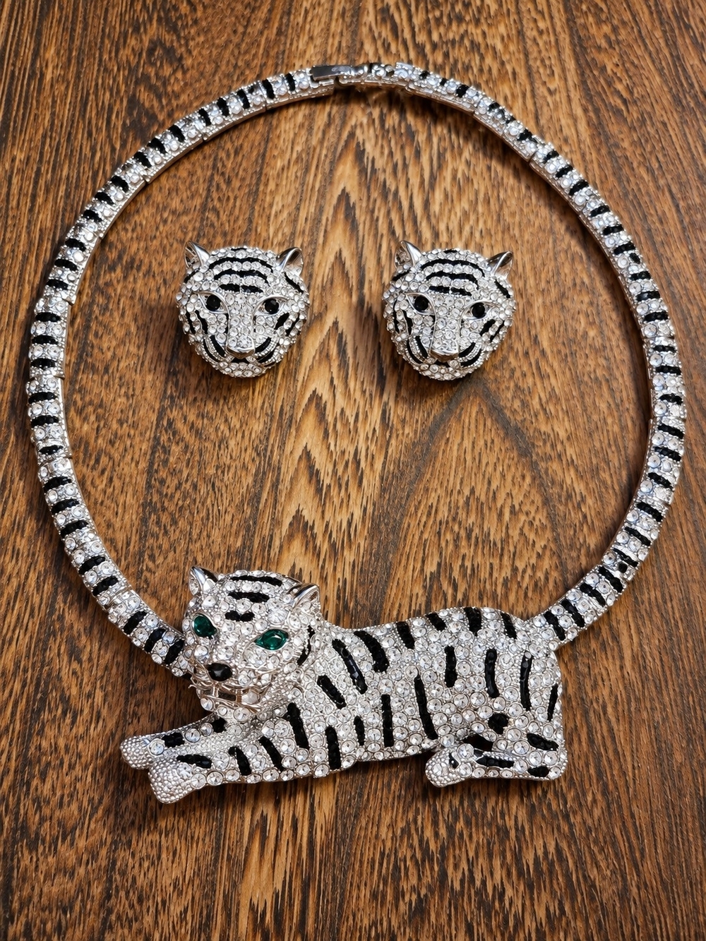 Crystal Tiger Necklace & Earrings Set - Black, White & Green Accents